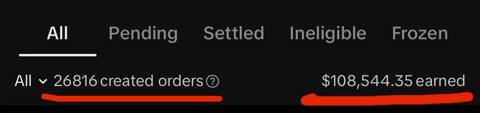 TikTok Shop orders screen, 26,816 created orders, $108,544.35 earned